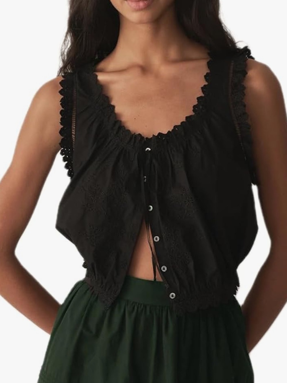 Eyelet Embroidered Gauzy Tank Blouse - size S - black